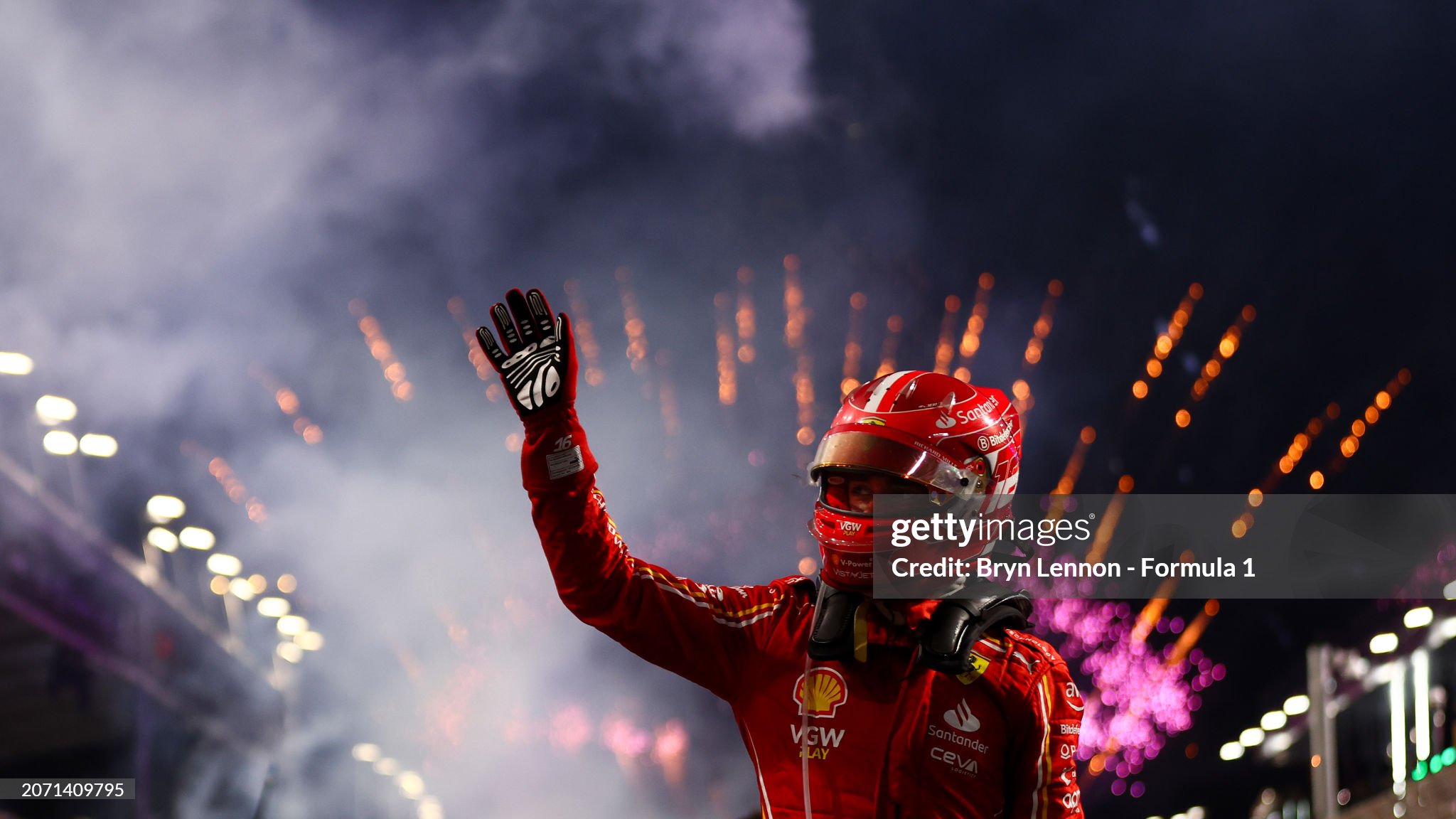 Charles Leclerc of Monaco and Ferrari celebrates in parc ferme after the F1 Grand Prix of Saudi Arabia at Jeddah Corniche Circuit on March 09, 2024. 