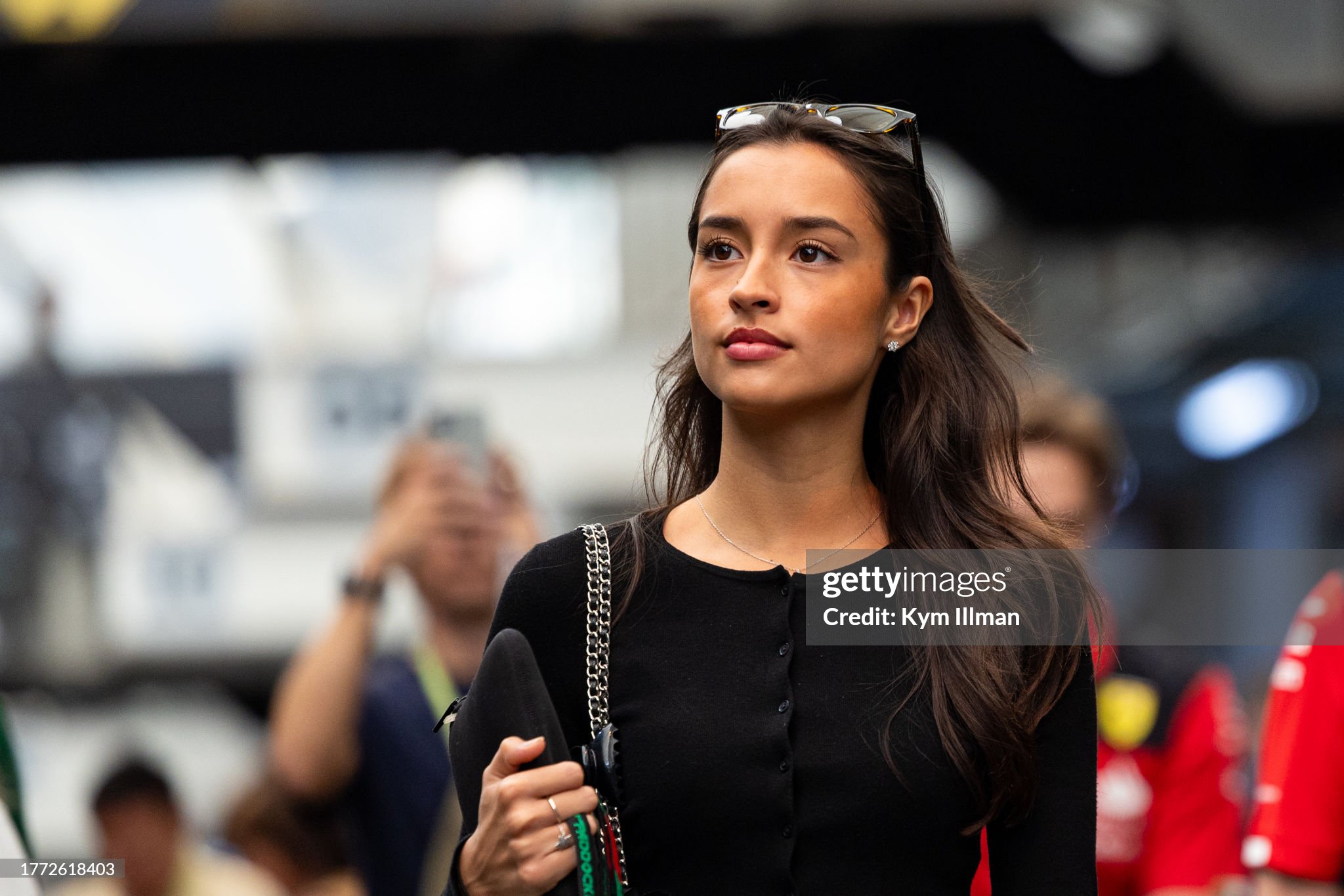 Charles Leclerc's girlfriend Alexandra Saint Mleux walks in paddock during practice and qualifying ahead of the F1 Grand Prix of Brazil at Autodromo Jose Carlos Pace on November 03, 2023 in Sao Paulo, Brazil. 