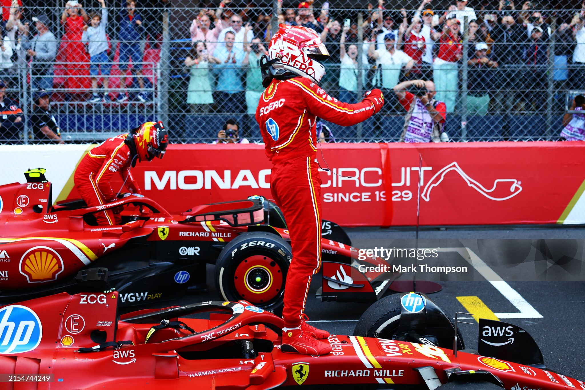 Race winner Charles Leclerc celebrates in parc ferme after the F1 Grand Prix of Monaco at Circuit de Monaco on May 26, 2024. 