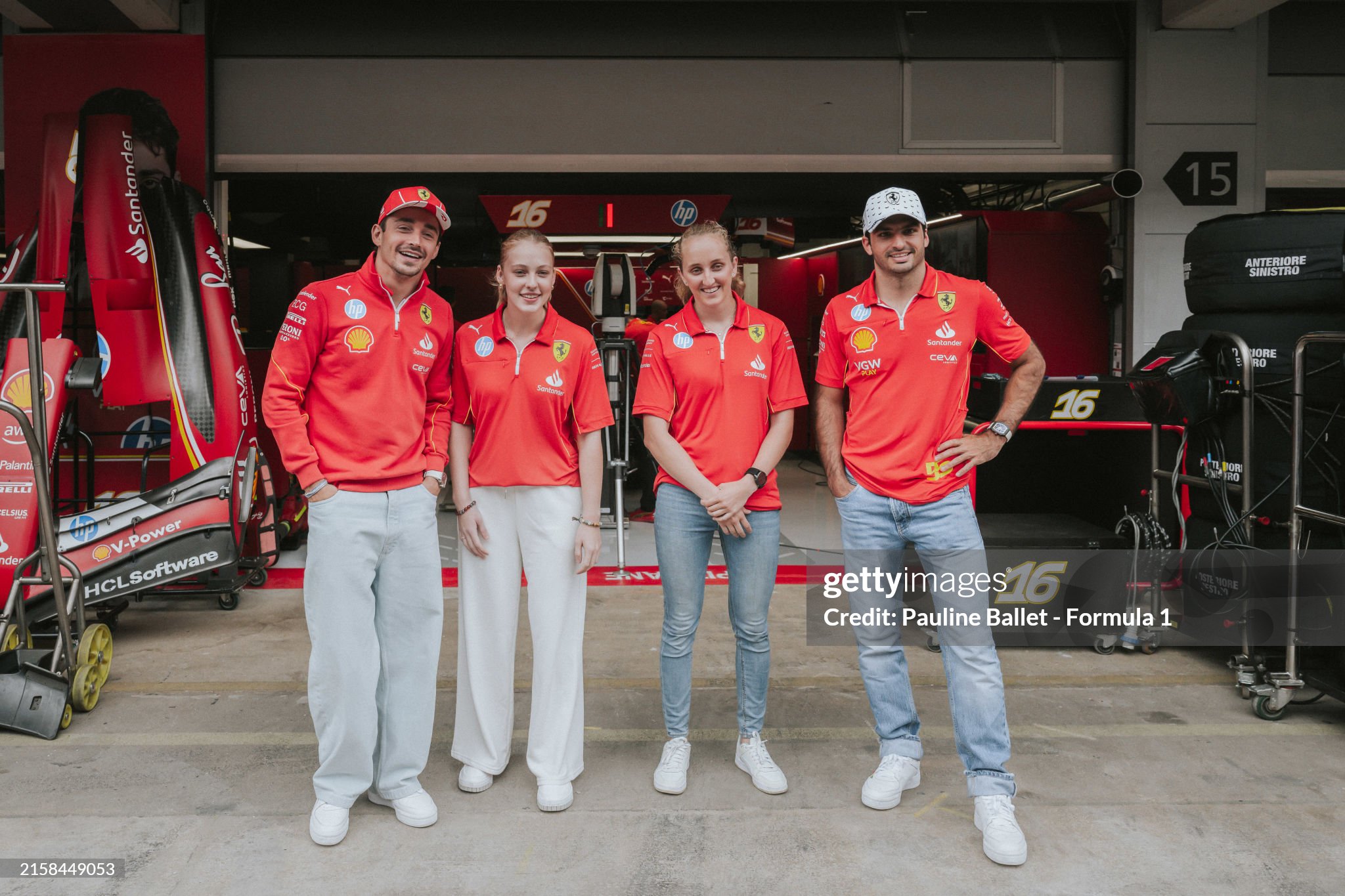 Aurelia Nobels of Brazil and ART Grand Prix and Maya Weug of Netherlands and PREMA Racing meet Charles Leclerc and Carlos Sainz in the paddock during previews ahead of F1 Academy Round 3 at Circuit de Barcelona-Catalunya on 20 June 2024 in Barcelona, Spain. 