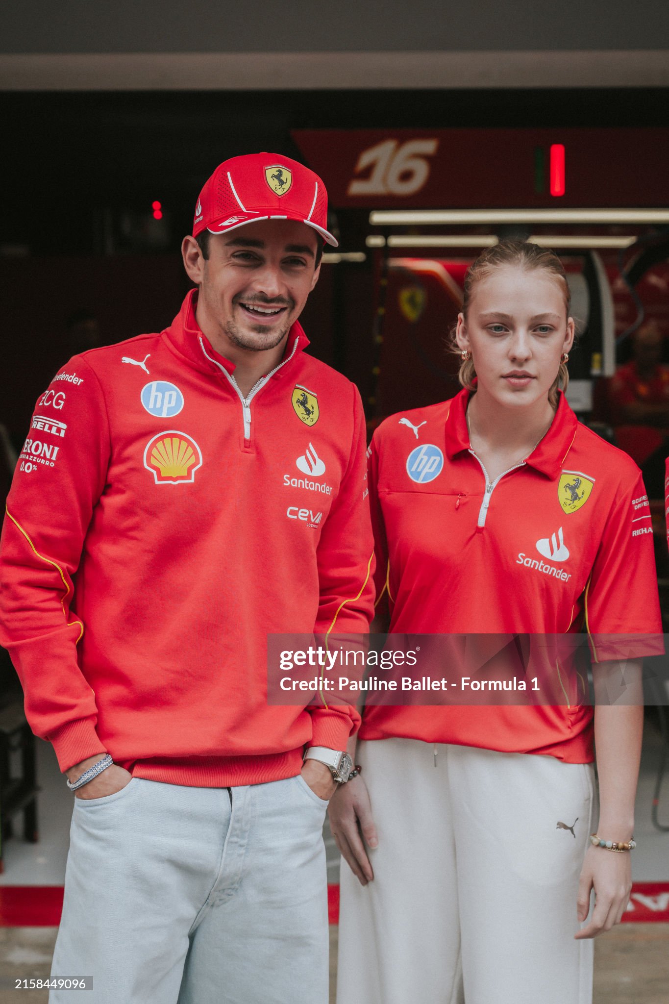 Charles Leclerc meets Aurelia Nobels of Brazil and ART Grand Prix in the paddock during previews ahead of F1 Academy Round 3 at Circuit de Barcelona-Catalunya on 20 June 2024 in Barcelona, Spain.