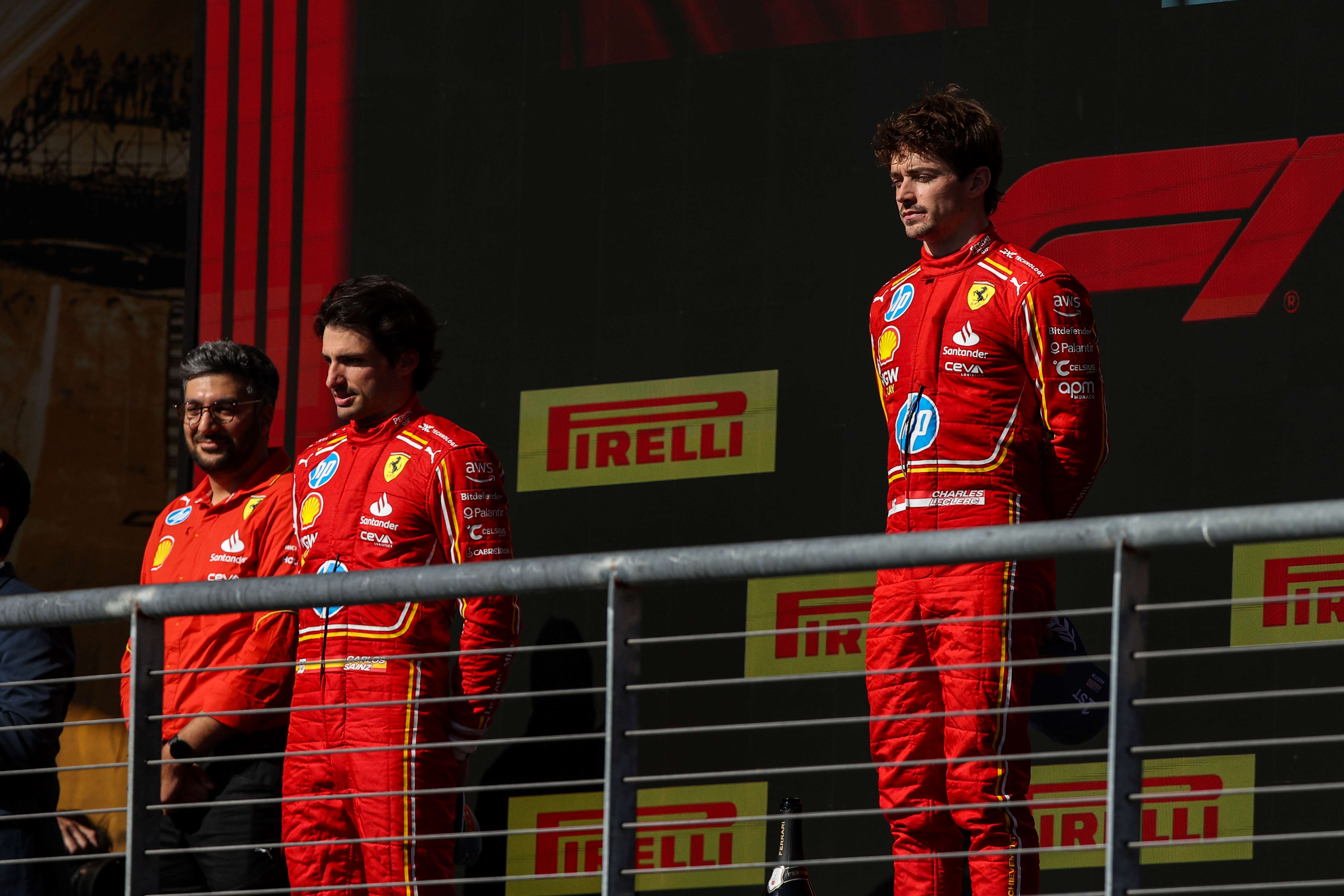 Charles Leclerc and Carlos Sainz on the podium of the Austin Grand Prix on October 21, 2024. 