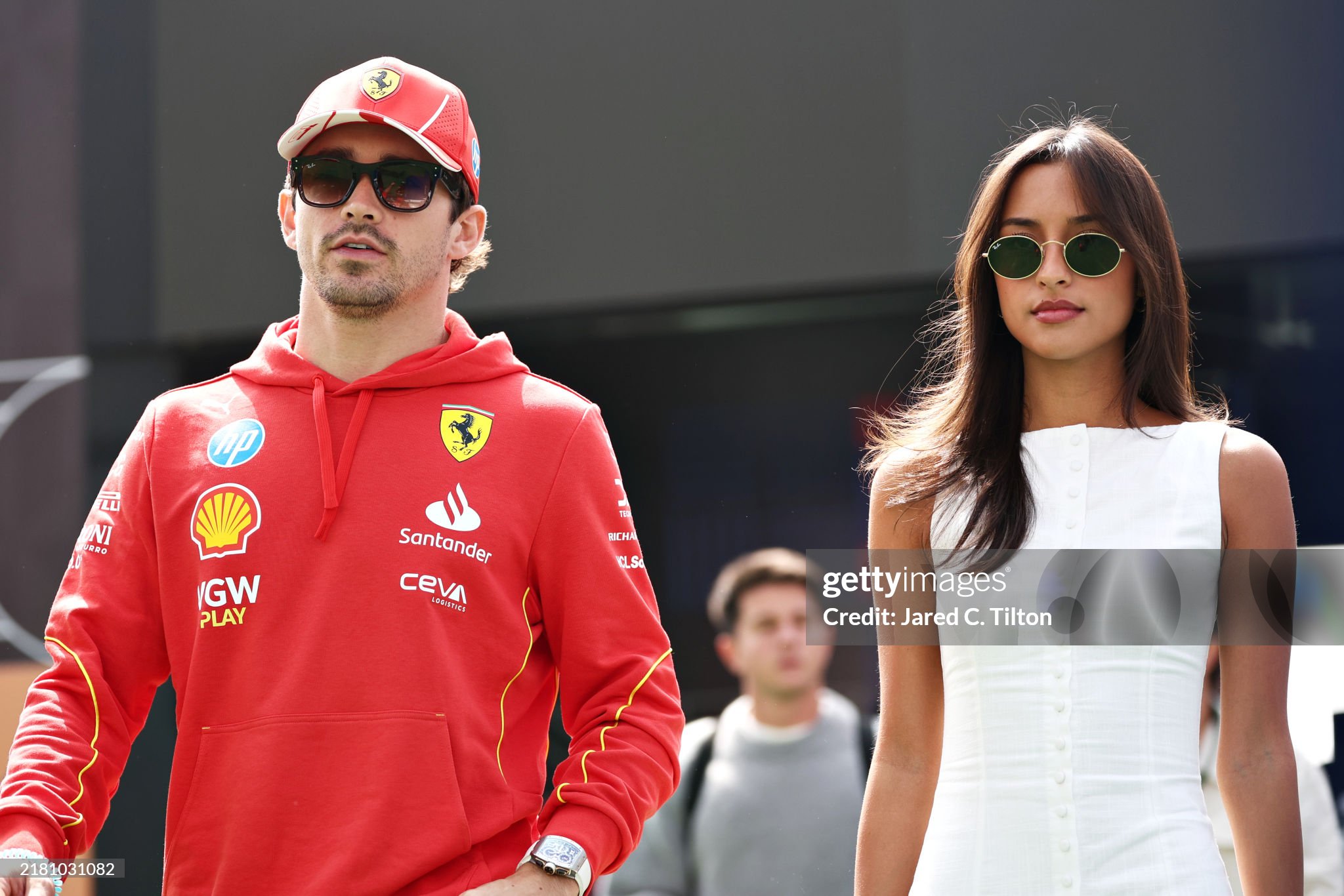 Charles Leclerc of Monaco and Ferrari and Alexandra Saint Mleux walk in the paddock prior to practice ahead of the F1 Grand Prix of Mexico at Autodromo Hermanos Rodriguez on 25 October 2024 in Mexico City, Mexico. 