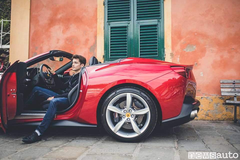 Charles Leclerc in a red Ferrari. 