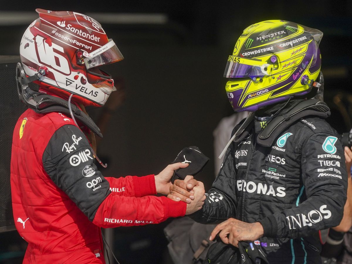 Lewis Hamilton, Mercedes, with Charles Leclerc, Ferrari.