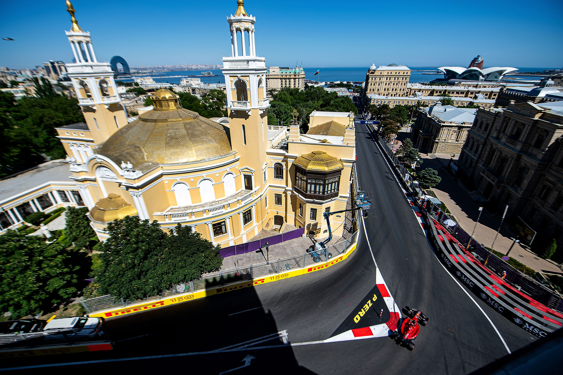 Charles Leclerc, Ferrari, racing in Baku, Azerbaijan.