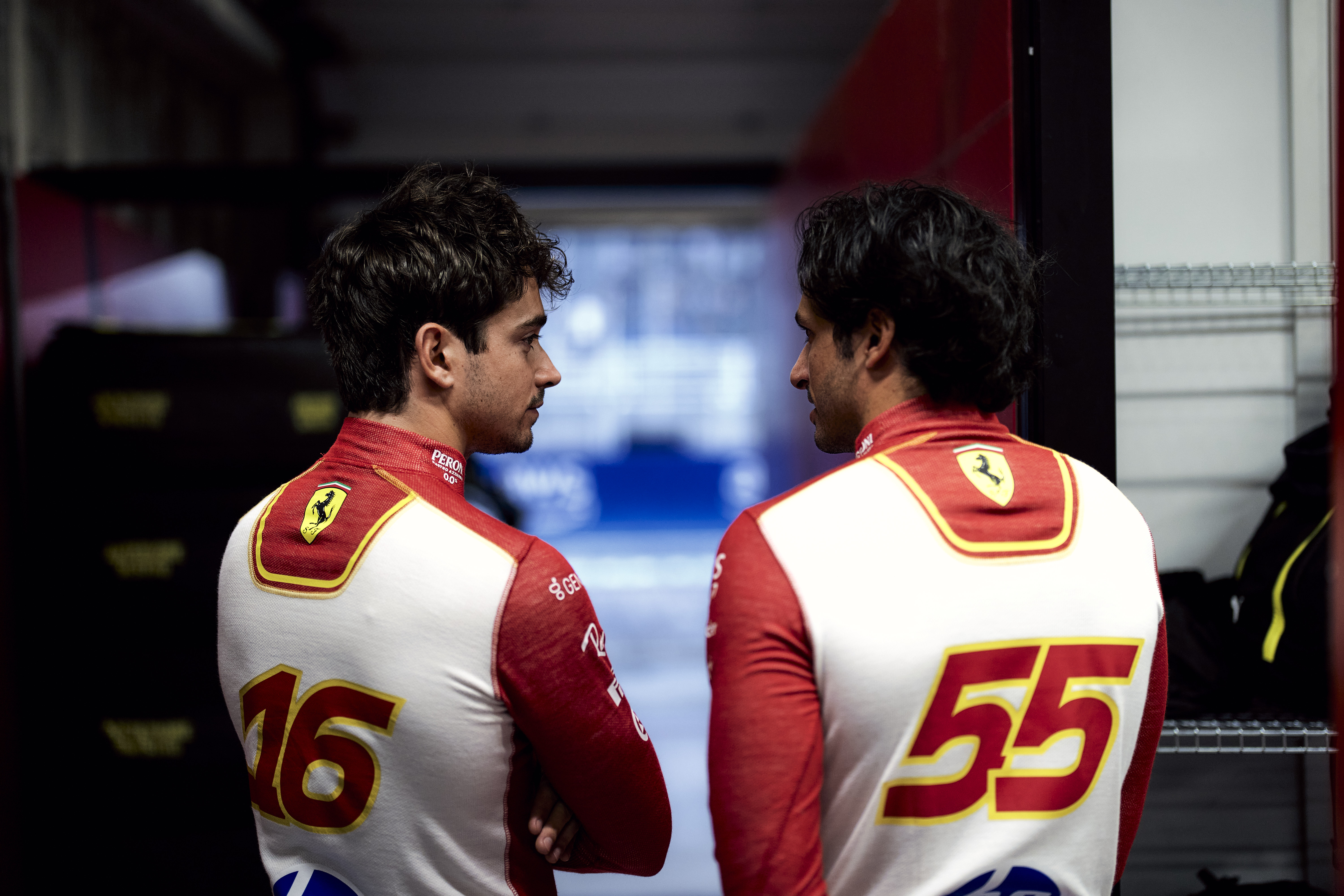 Charles Leclerc with his Ferrari teammate and friend Carlos Sainz.