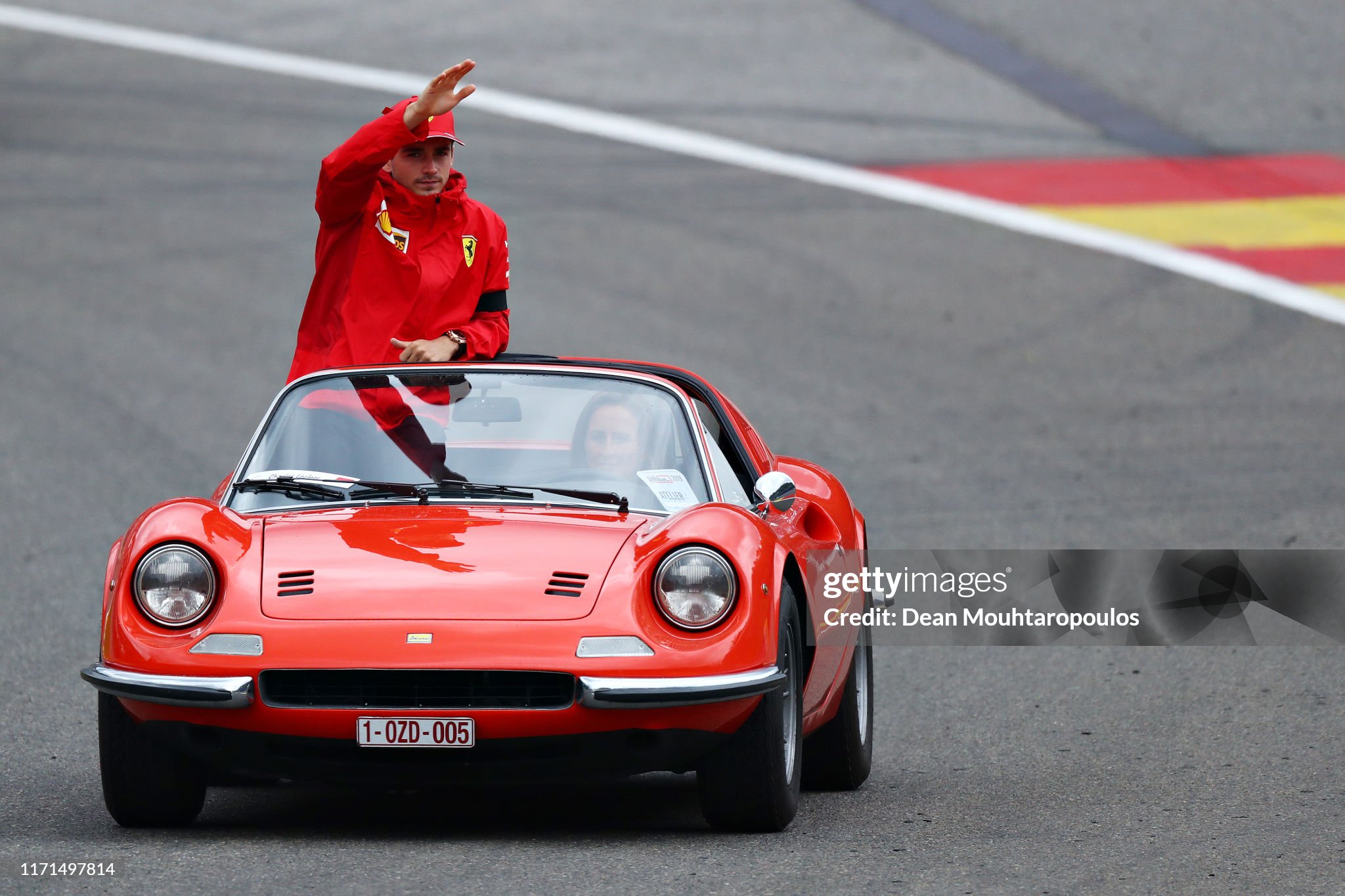 Charles Leclerc waves to the crowd at the drivers parade before the F1 Grand Prix of Belgium at Circuit de Spa-Francorchamps on September 01, 2019.