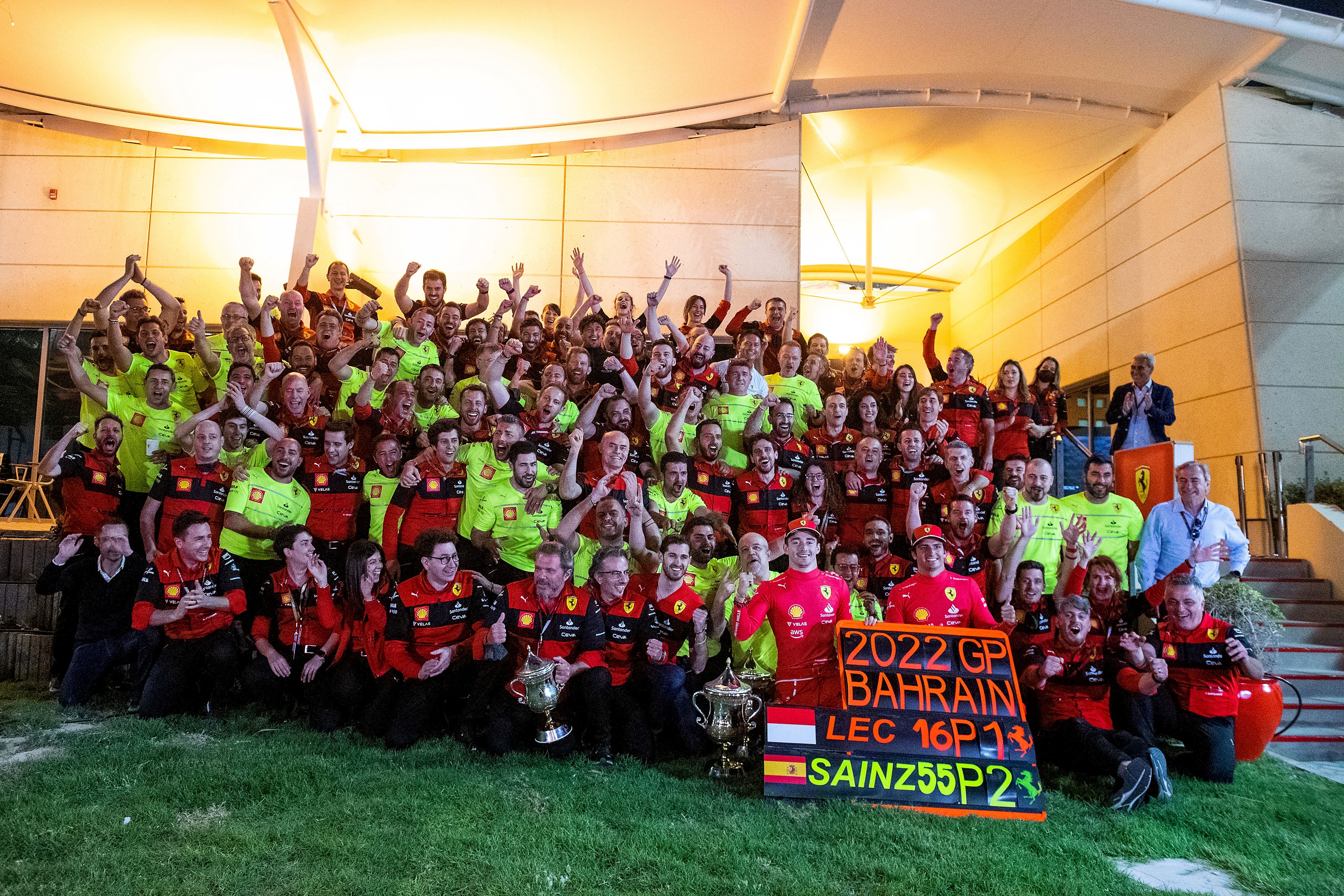 Ferrari team celebrates first and second place in the 2022 Bahrain Grand Prix. 