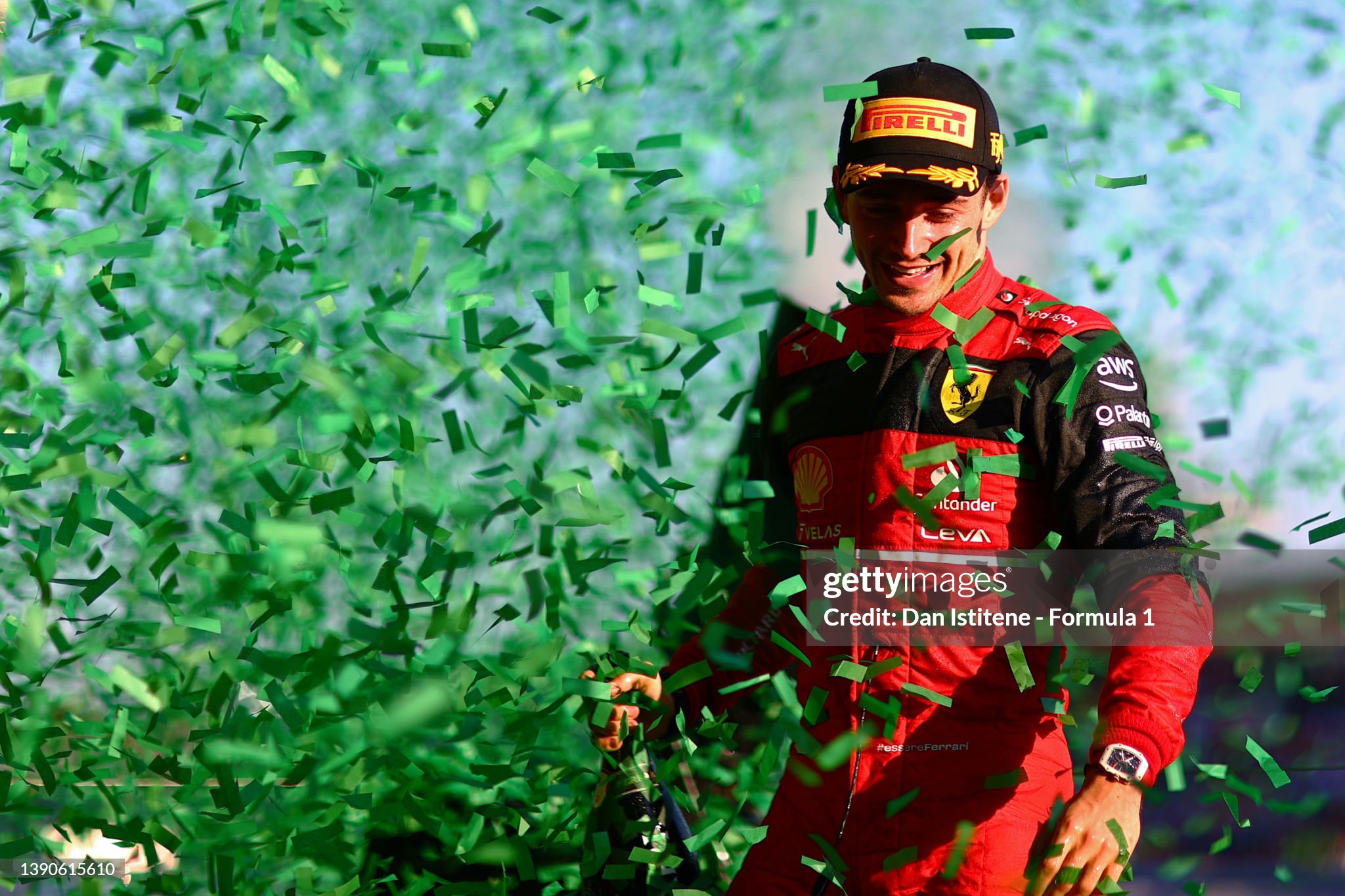 Charles Leclerc celebrates on the podium after the F1 Grand Prix of Australia at Melbourne Circuit on April 10, 2022. 