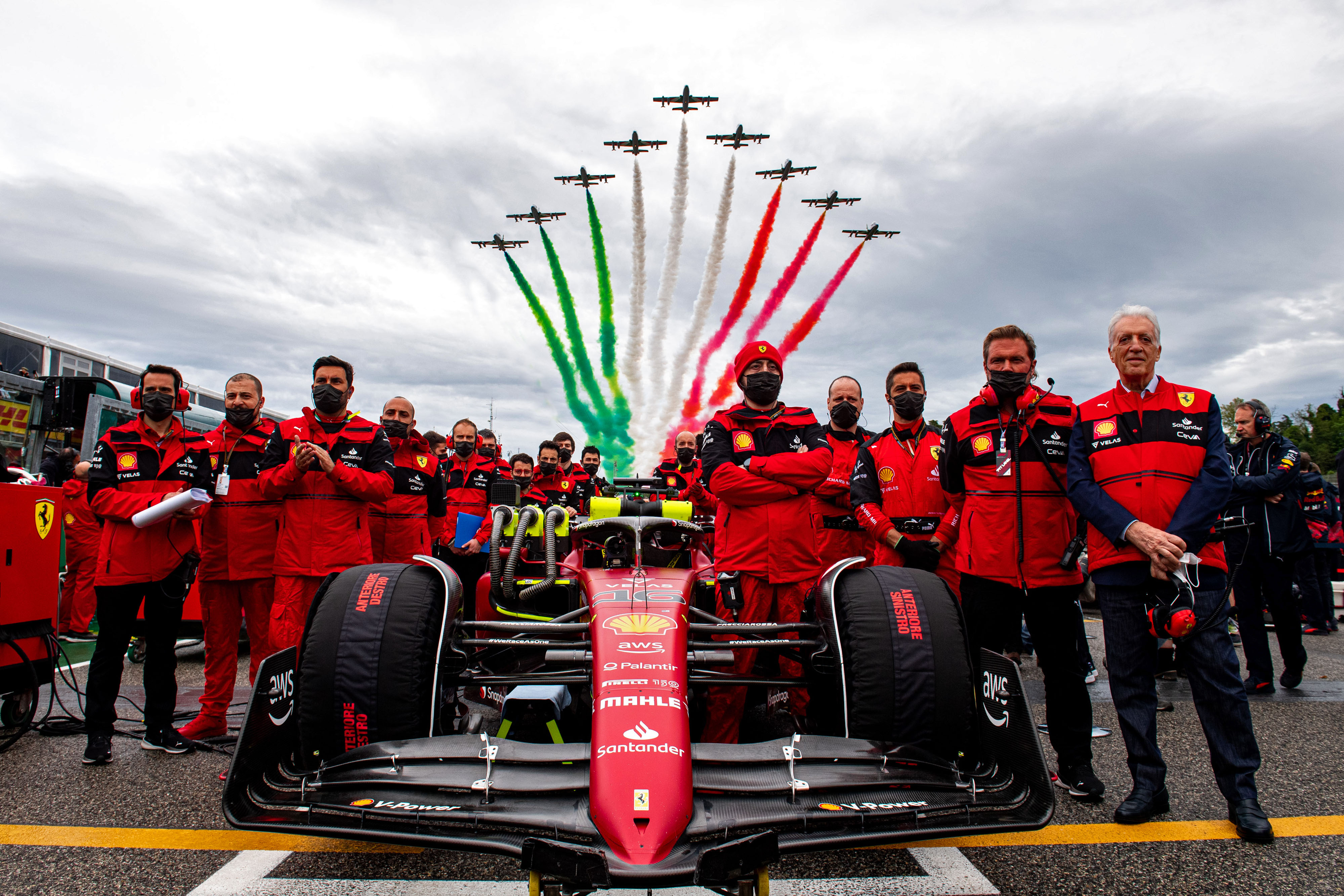 The Ferrari team at the Imola Grand Prix on April 24, 2022. 