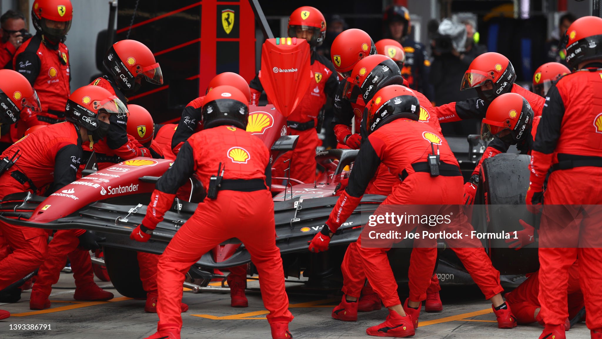 The Ferrari F1-75 of Charles Leclerc makes a pitstop for a new front wing after crashing out from third position during the F1 Grand Prix of Emilia Romagna at Imola on April 24, 2022. 