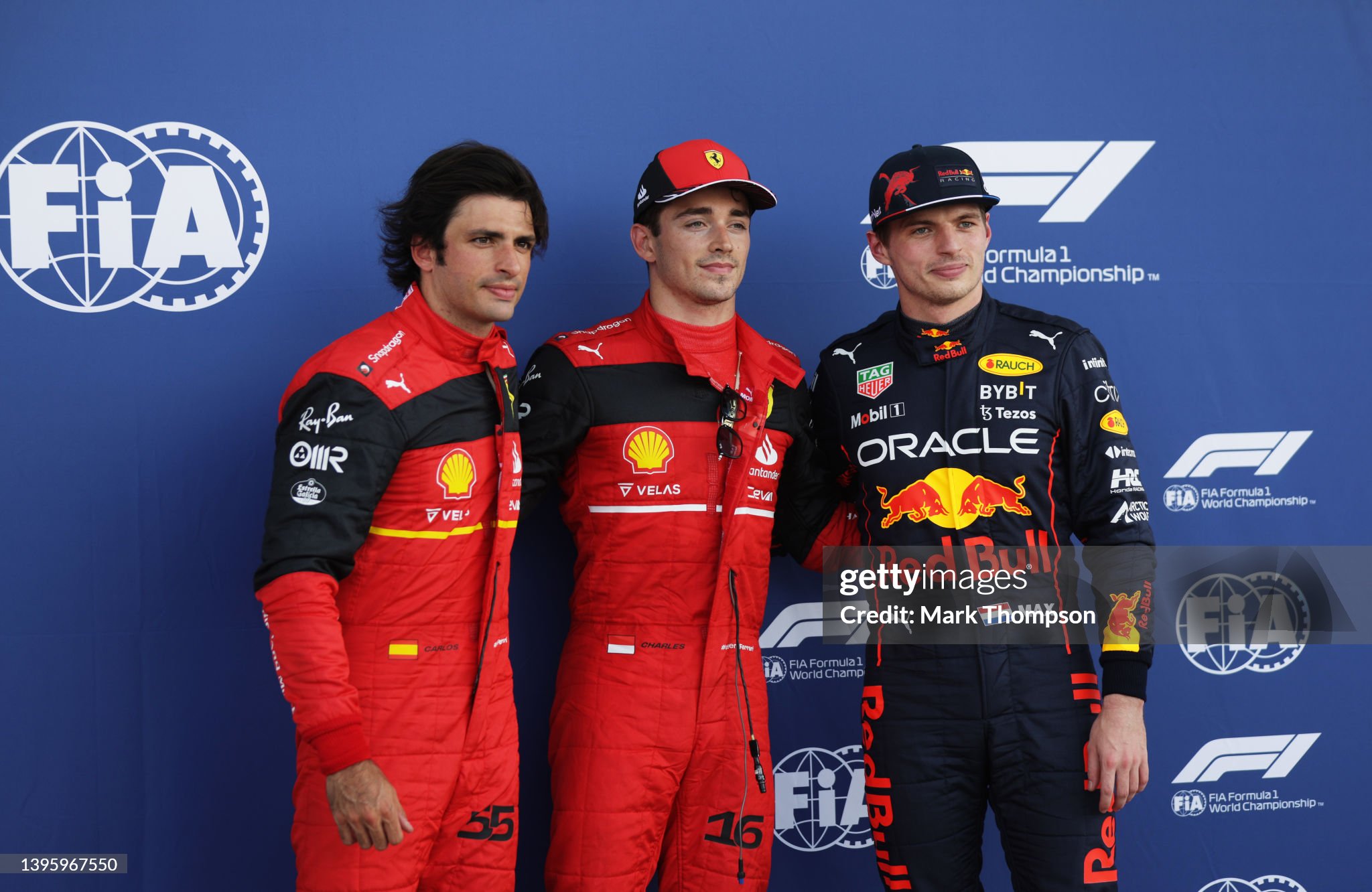 Pole position qualifier Charles Leclerc, Ferrari, second placed qualifier Carlos Sainz, Ferrari and third placed qualifier Max Verstappen, Red Bull Racing, pose for a photo in parc ferme during qualifying ahead of the F1 Grand Prix of Miami at the Miami International Autodrome on May 07, 2022.