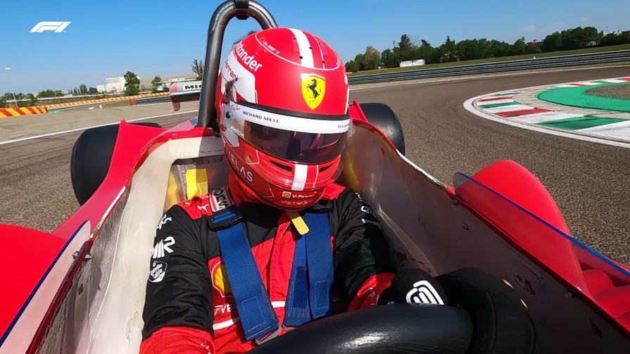 Charles Leclerc gets to grips with the Ferrari 312 T4 on the Fiorano circuit at Maranello.