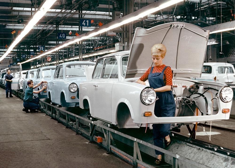 Production of Trabant cars, Zwickau, GDR, 1960.