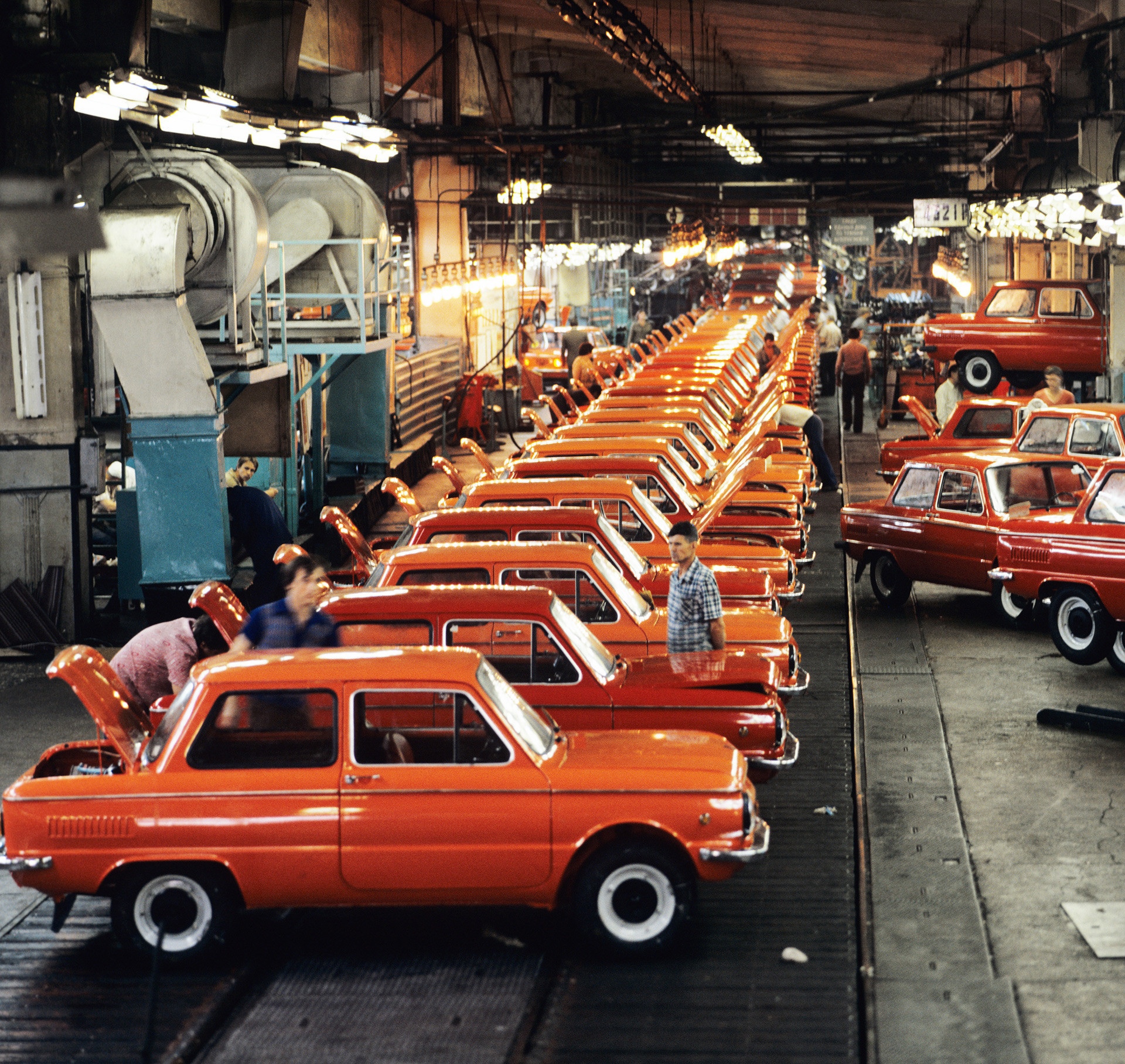 The Zaporozhets (Zaz) 968 production line in 1960s - 1970s Soviet Ukraine.