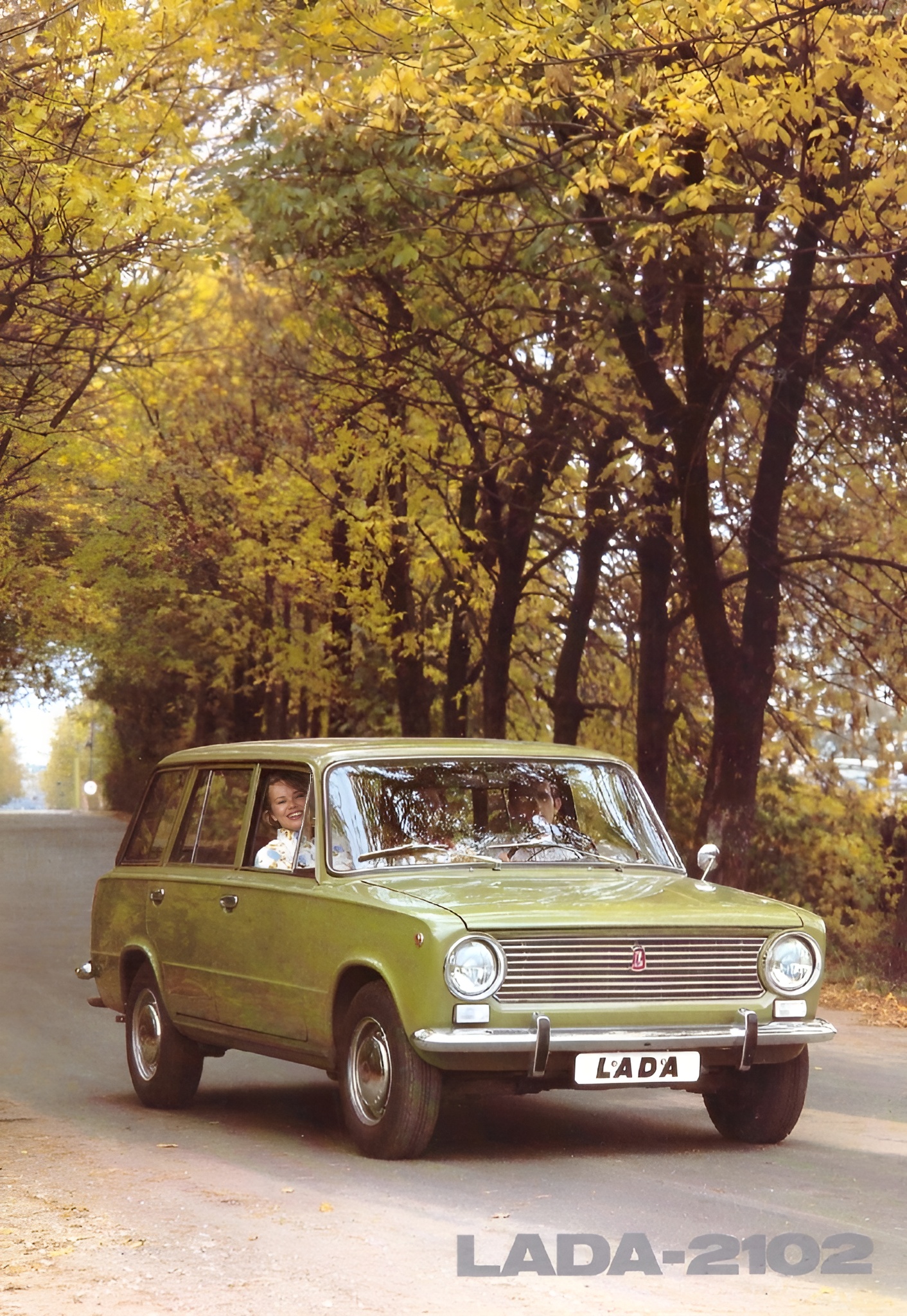 A couple and a green Lada 2102.