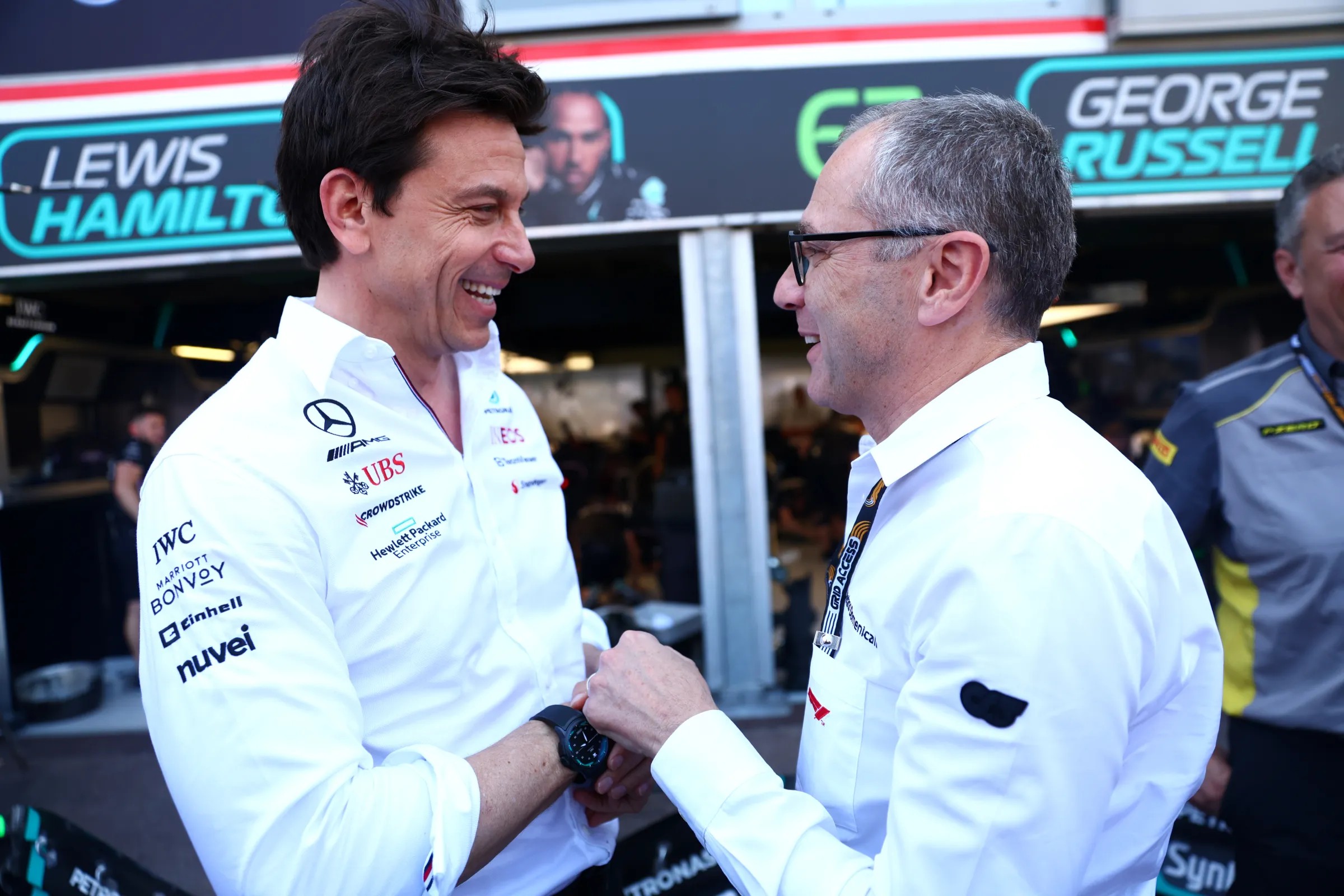Toto Wolff with Stefano Domenicali at Monaco on May 27, 2023.