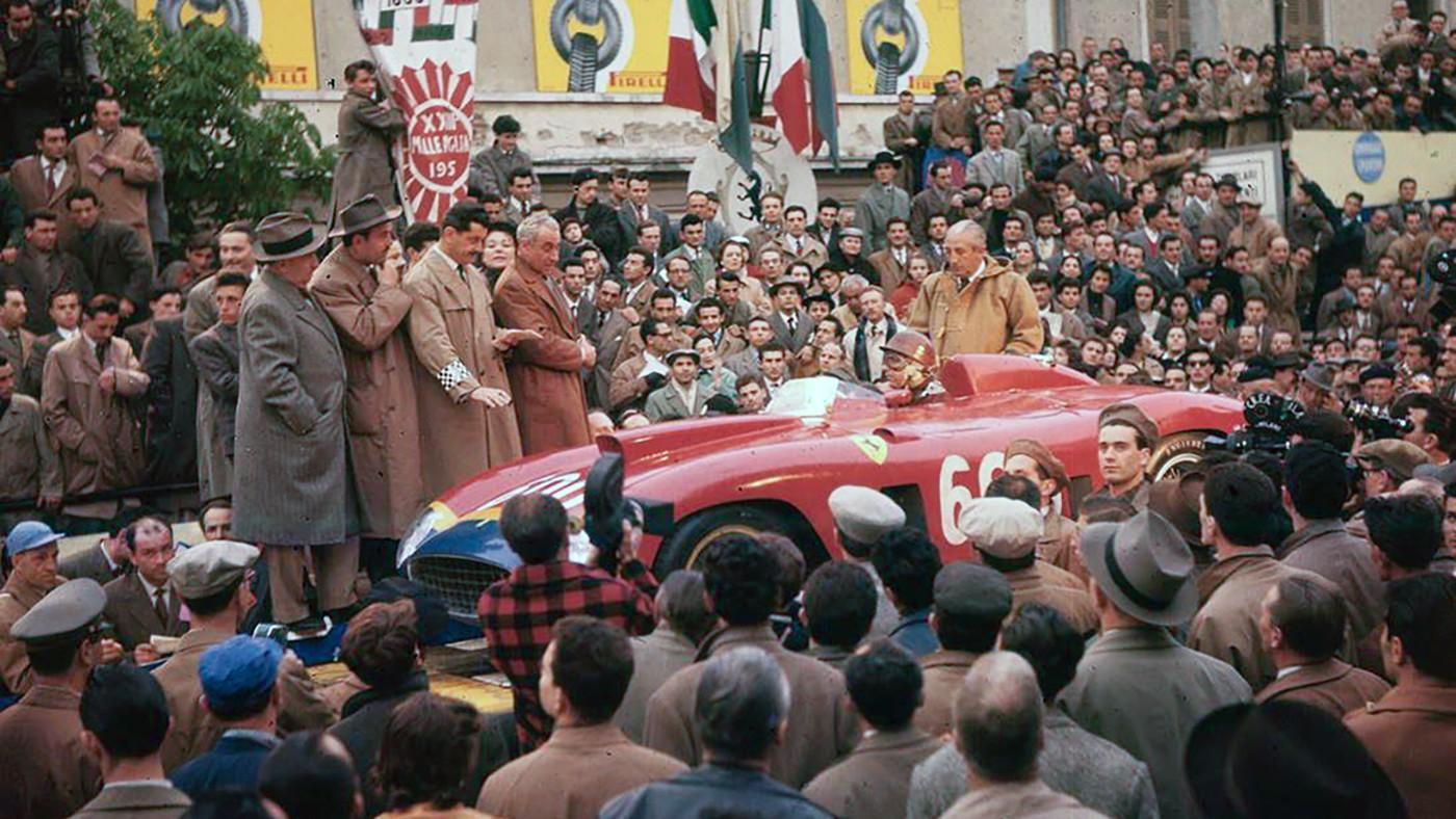 That's Fangio poised at 6:00 am for the start of the Mille Miglia in this car.