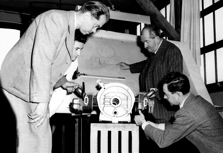 1950. Porsche office, Zuffenhausen, Stuttgart. From left: engine constructor Leopold Jäntschke, Ferdinand Porsche, Ferry Porsche.
