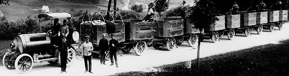 1913. Austro-Daimler Landwehr-Train on a trial run on the Semmering road, south of Wiener Neustadt, Austria. 
