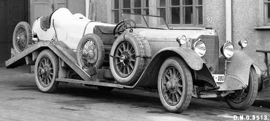 Mercedes Monza on the 1924 Mercedes race car transporter. It had been Alfred Neubauer's and Christian Werner's idea not to use racing cars for the journey to the races. So, with the 1924 Monza race, it was the first time the racing cars were carried to the race and not driven there. 