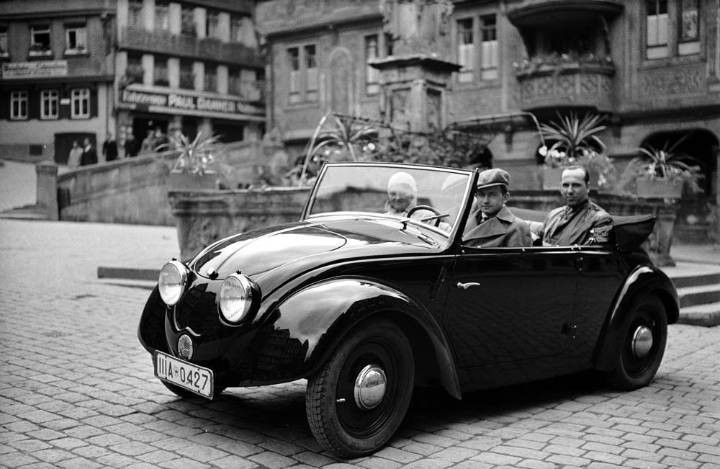 Ferry Porsche in 1936 at the wheel of the Volkswagen prototype v2 in Tubingen.