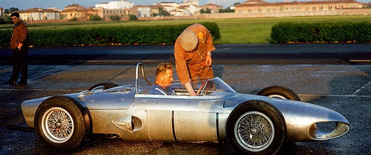 Brand spanking new Ferrari 156, the aluminium body still unpainted, awaits its Modena test in early 1961…