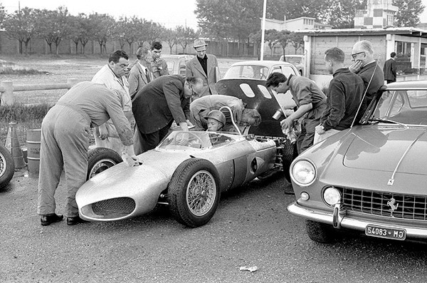 Early track tests of Ferrari 156 F1 at Modena Aerautodromo in April 1961. 