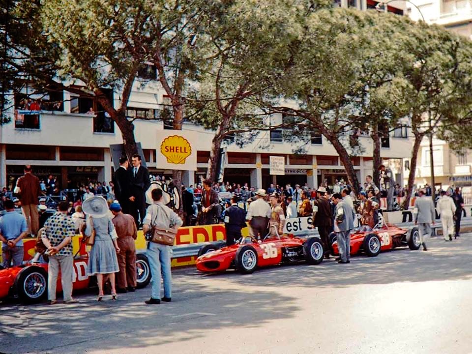 Ferrari pit, practice, Monaco 1961.  Wolfgang von Trips drove car 40, Richie Ginther drove car 36 and Phil Hill drove car 38. 