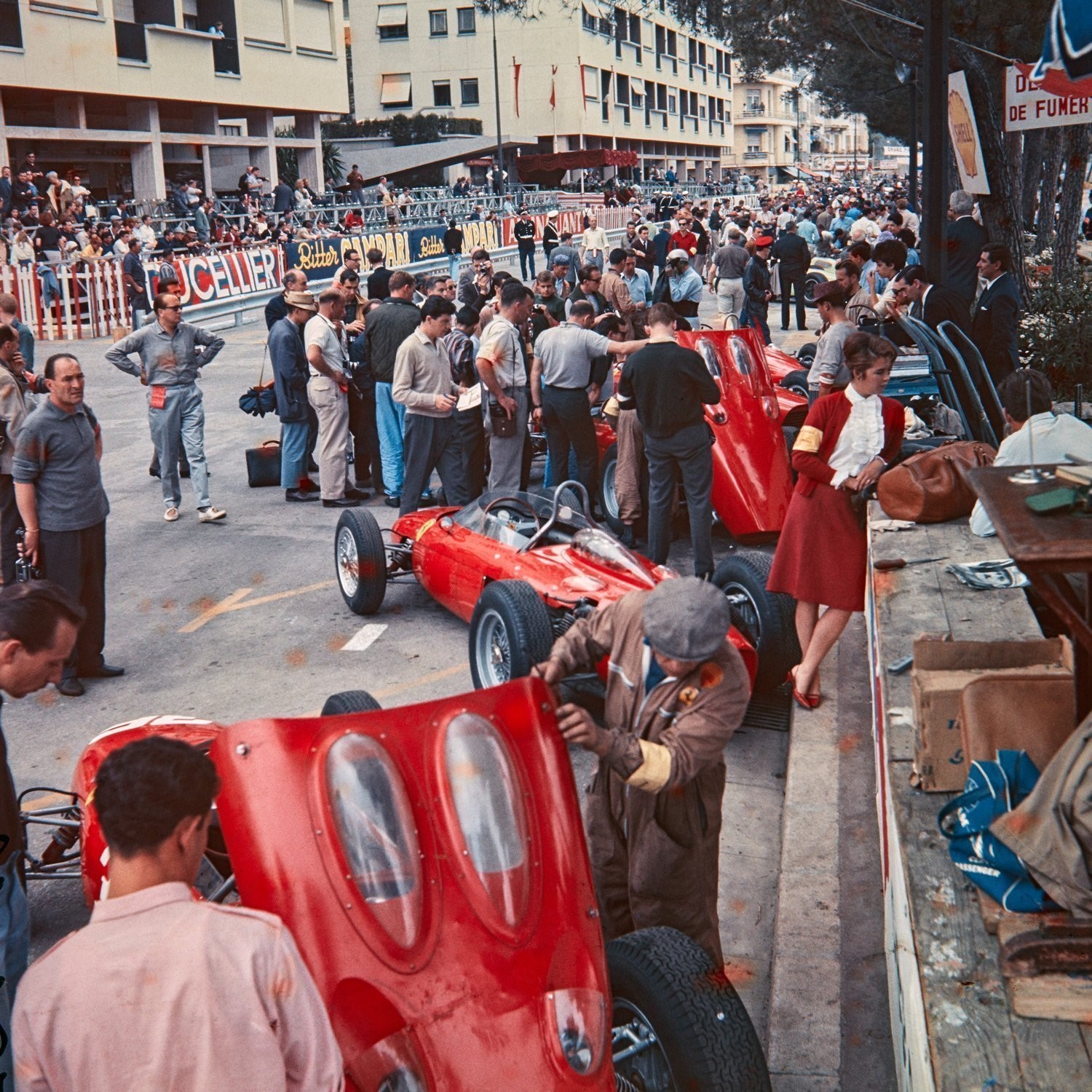 The Ferrari pits before practice for the 1962 Monaco Grand Prix. 