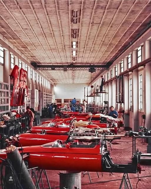 Ferrari mechanics at work in the Maranello factory in 1967.