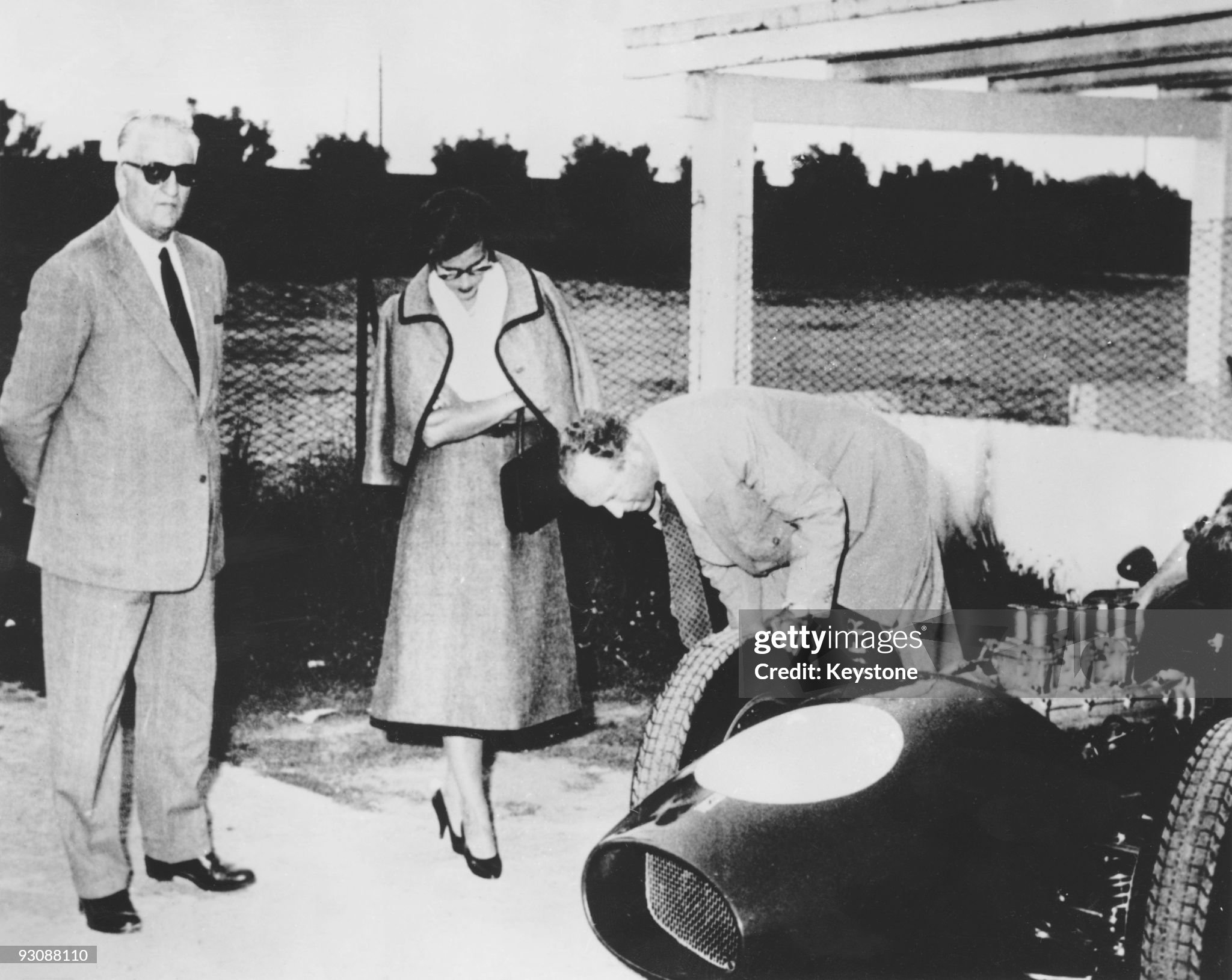 Enzo Ferrari gives the former King Leopold and Princess Lilian of Belgium a tour of the Ferrari plant in Modena, Italy, on 24 May 1958. 