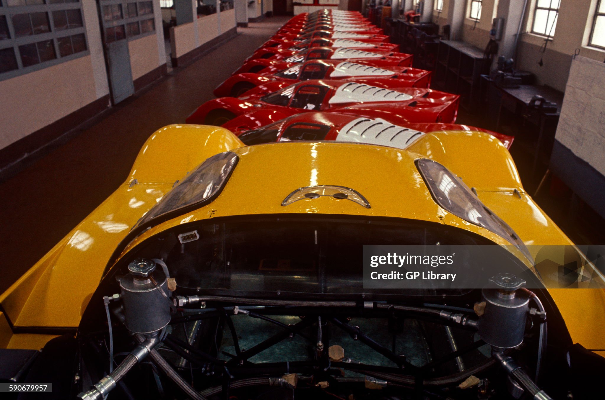 Ferrari 512S line-up in the production hall at Maranello factory in 1970.