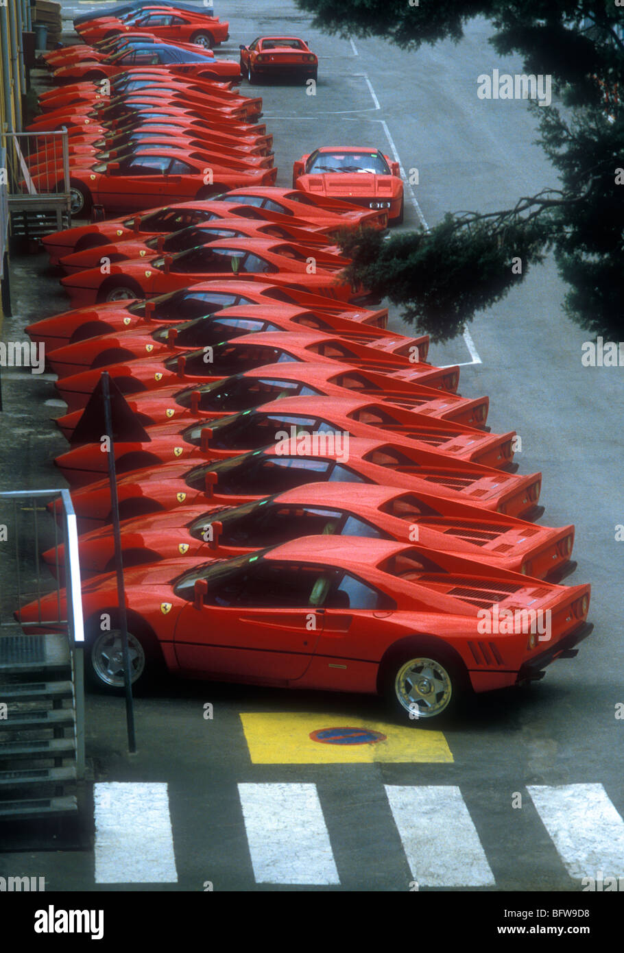 31 examples of 288 GTO Ferraris parked at the Maranello factory in 1984.