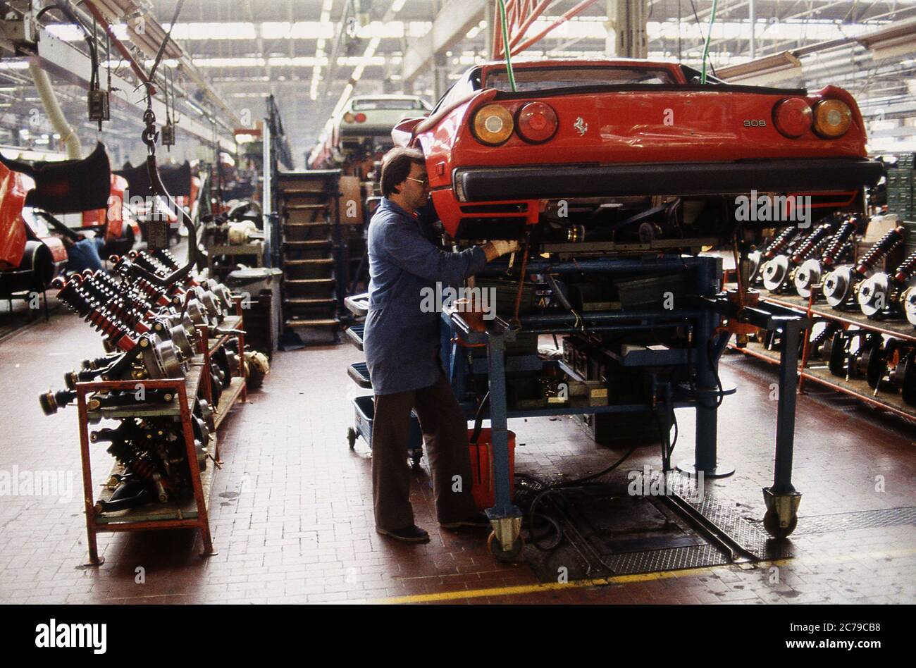 Ferrari 308 production line at the Ferrari factory in Maranello, Italy, in 1984. 