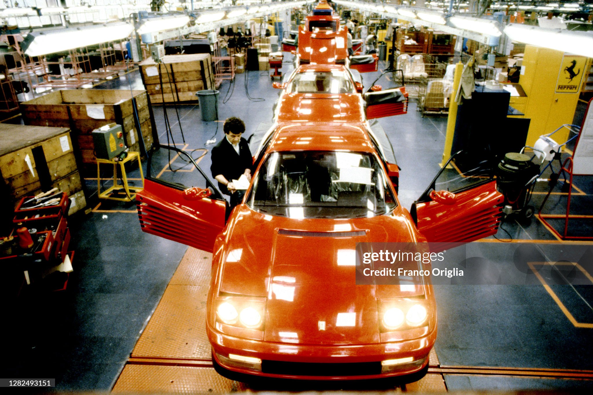 A view of the assembly line of the Ferrari Testarossa Pininfarina on May 1990 in San Giorgio Canavese, Turin, Italy. 