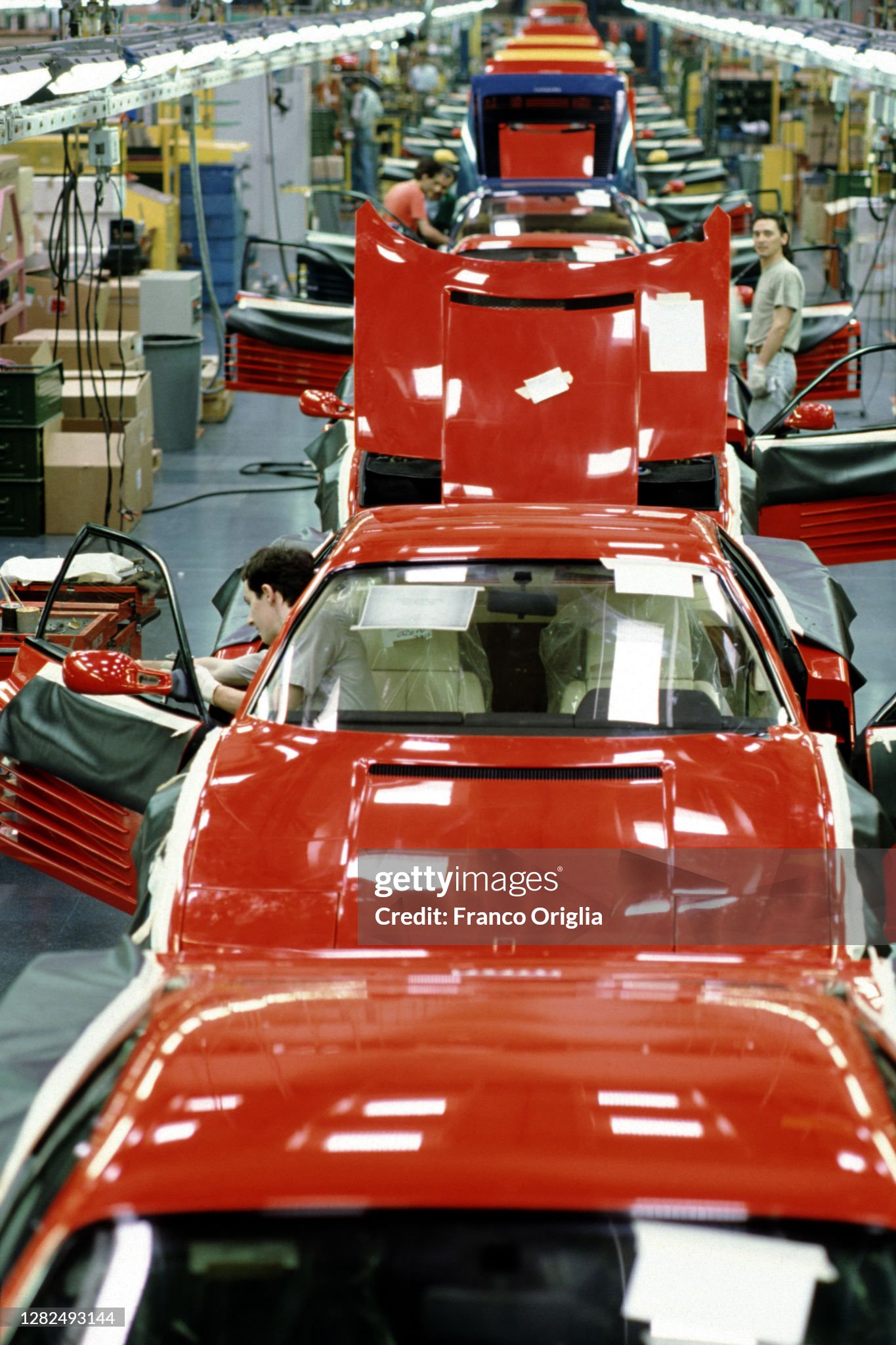 A view of the assembly line of the Ferrari Testarossa Pininfarina in May 1990 in San Giorgio Canavese, Turin, Italy. 
