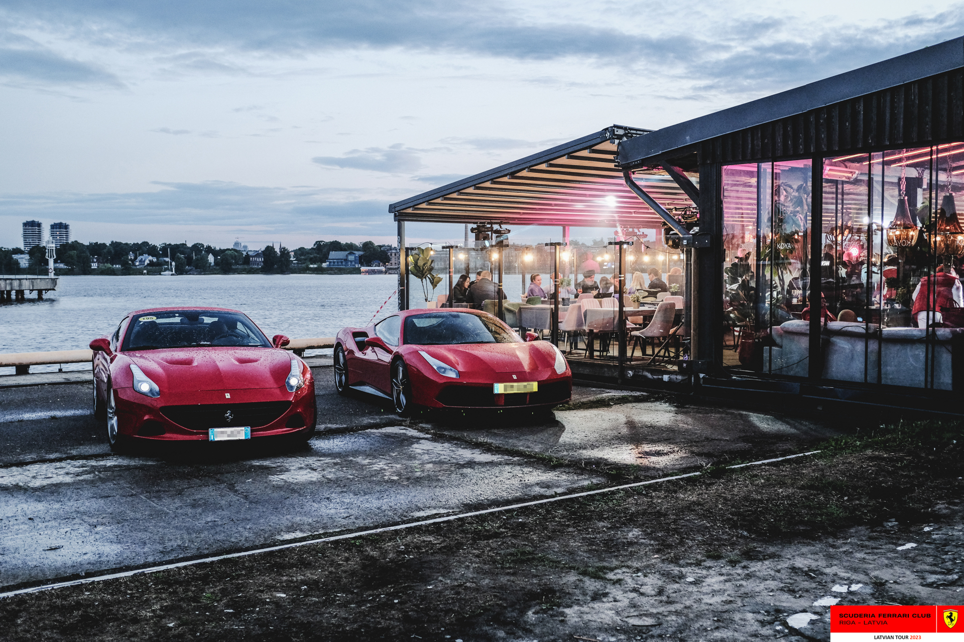Ferraris parked in front of Koya. 