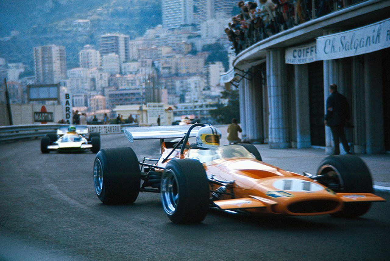 Denny Hulme’s McLaren and Henri Pescarolo's Matra at the Monaco Grand Prix on 10 May 1970. 
