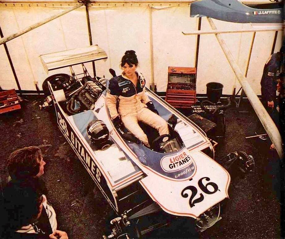 A girl in a Ligier JS11 Ford Cosworth DFV 3.0 V8 in 1979.