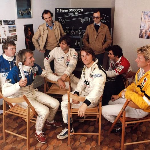 From left to right, all seated: Didier Pironi and Jacques Laffite (Ligier), Jean-Pierre Jarier (Tyrrell), René Arnoux (Renault), Alain Prost (McLaren) and Jean-Pierre Jabouille (Renault). 