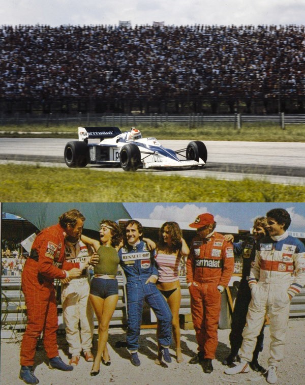 John Watson, Bruno Giacomelli, Alain Prost, Niki Lauda, Roberto Guerrero and Keke Rosberg at the Swiss Grand Prix in Dijon on 29 August 1982.