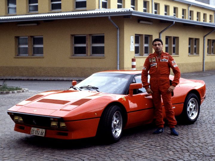 F1 driver Michele Alboreto with his Ferrari 288 GTO in Maranello, Italy, in 1985.