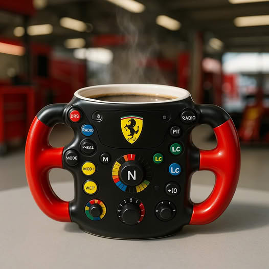 A mug in the shape of a steering wheel from a Ferrari Formula 1 car from recent years.