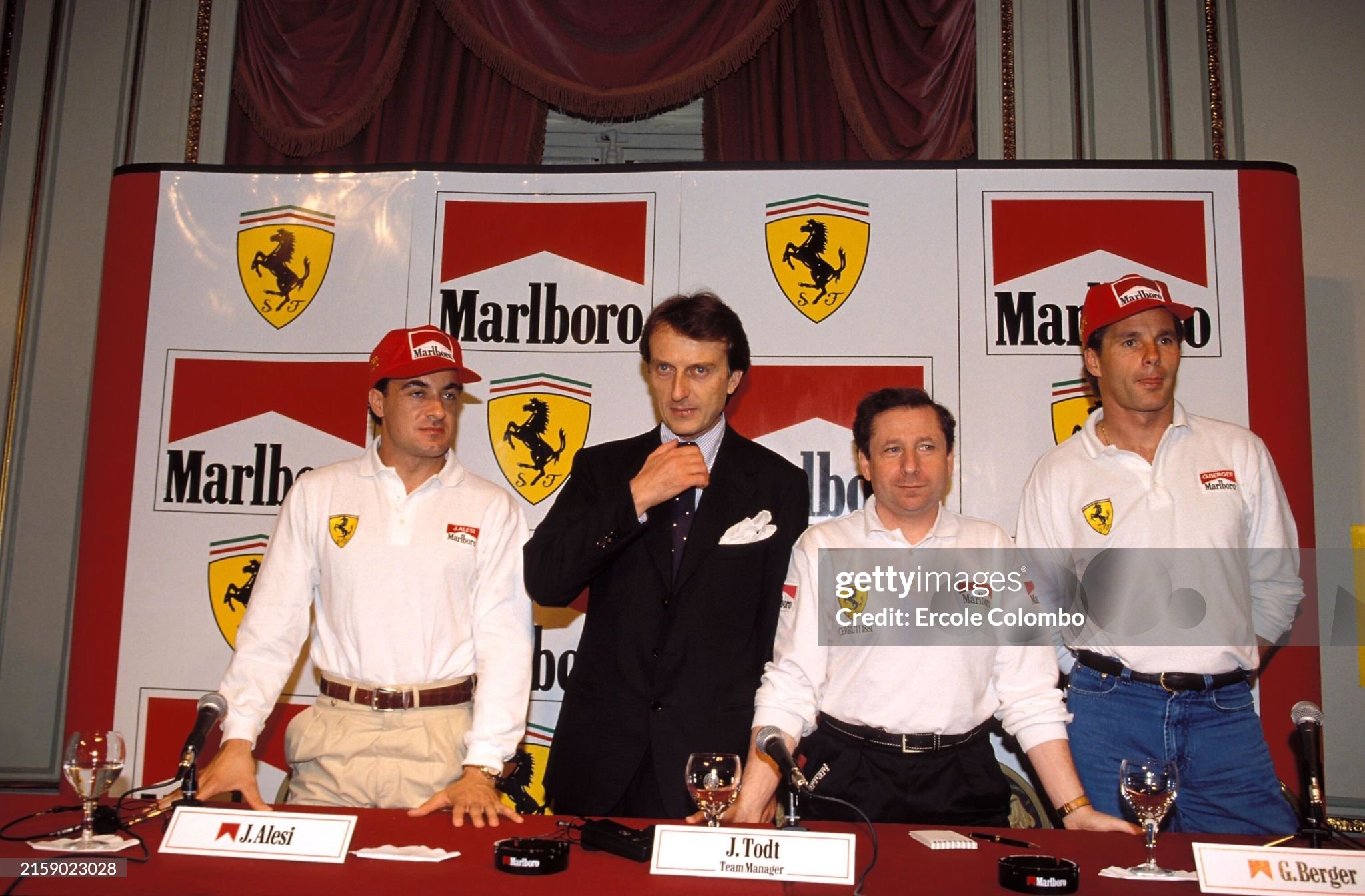 Gerhard Berger with Jean Alesi, Luca di Montezemolo and Jean Todt during the Argentinian Grand Prix at Autodromo Juan y Oscar Galvez on 09 April 1995.