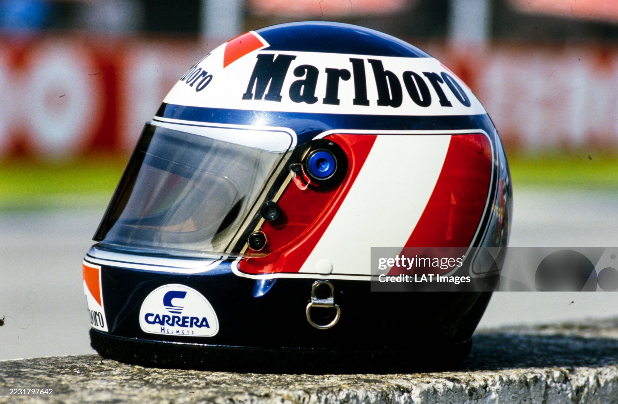 Gerhard Berger's helmet during the Brazilian Grand Prix at Autodromo Internacional Nelson Piquet on April 12, 1987. 