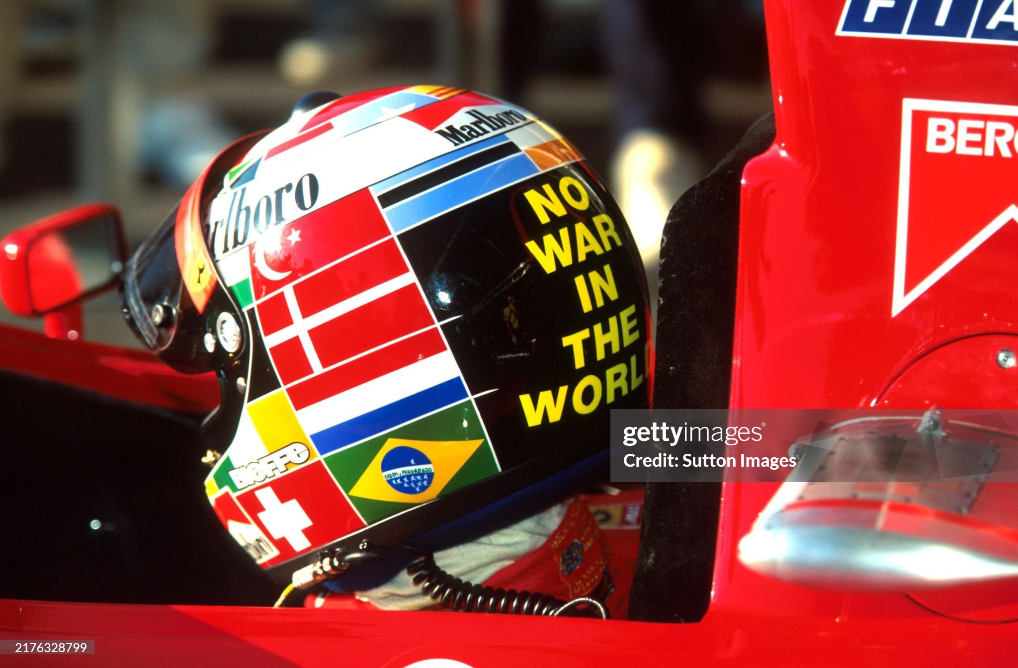 Fifth place finisher Gerhard Berger, Ferrari 412 T2, sported a different helmet design, the result of a competition run in an Italian newspaper, at the Portuguese Grand Prix in Estoril on 24 September 1995. 