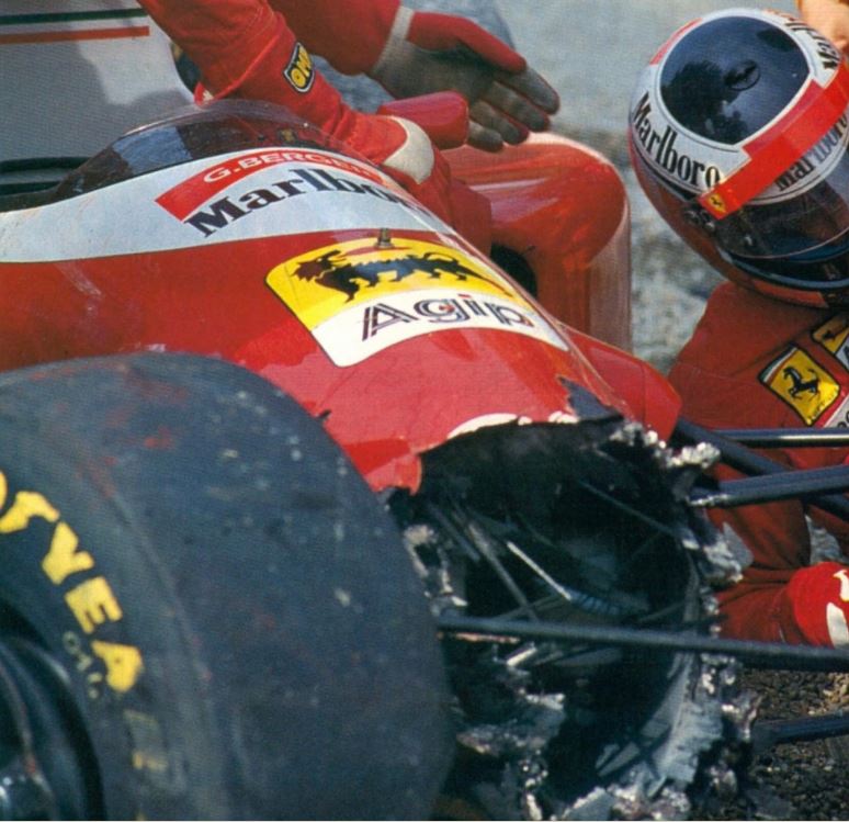 Gerhard Berger and his Ferrari after the accident in Italy in 1993.