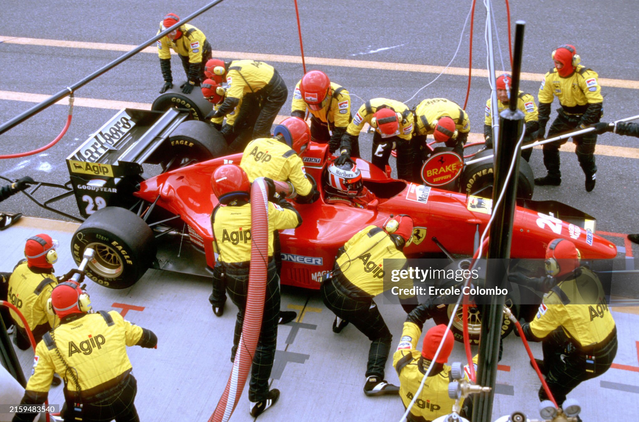 Gerhard Berger, Ferrari 412T1, makes a pitstop during the Pacific Grand Prix at Okayama International Circuit, Japan, on 17 April 1994. 